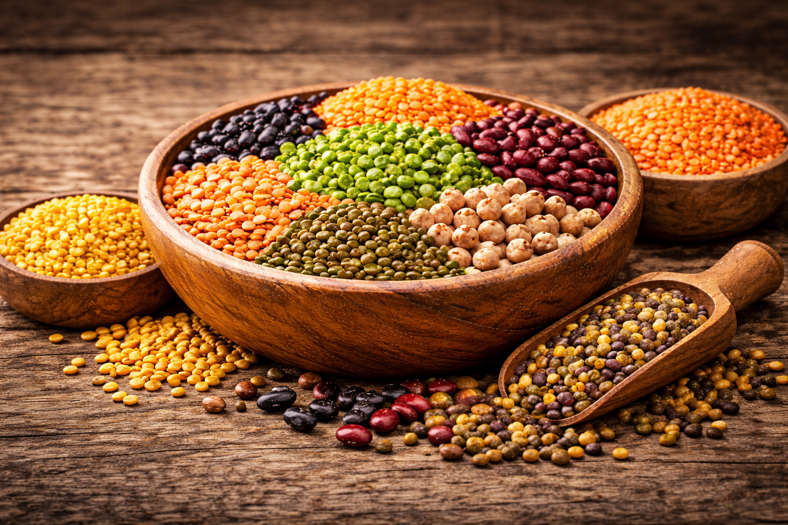 A variety of colorful dried pulses and legumes.