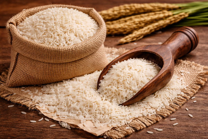 A close up shot of long-grain Basmati rice.