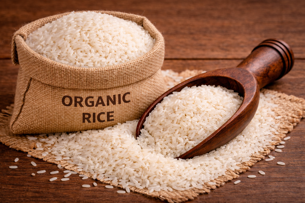 A person holding a stalk of rice, representing organic farming