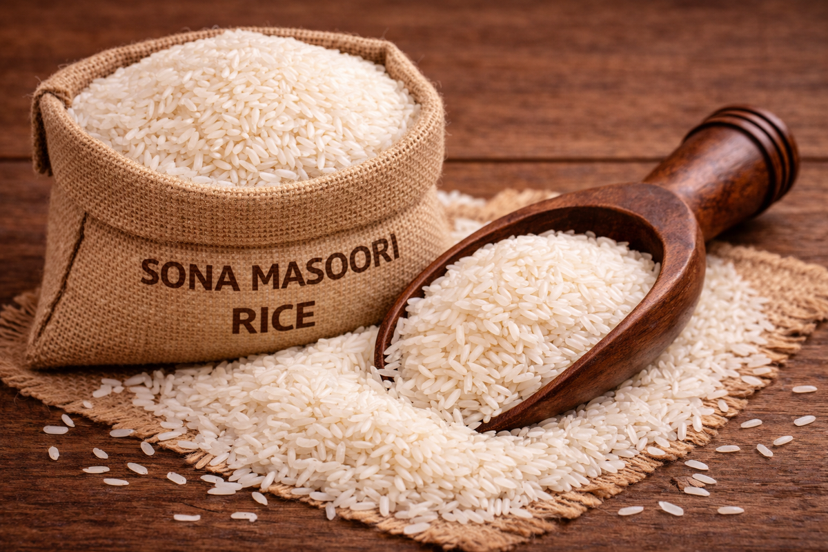 Medium-grain Sona Masoori rice in a burlap sack.