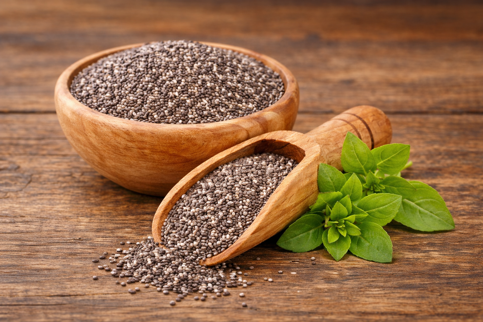 Chia seeds in a wooden spoon.