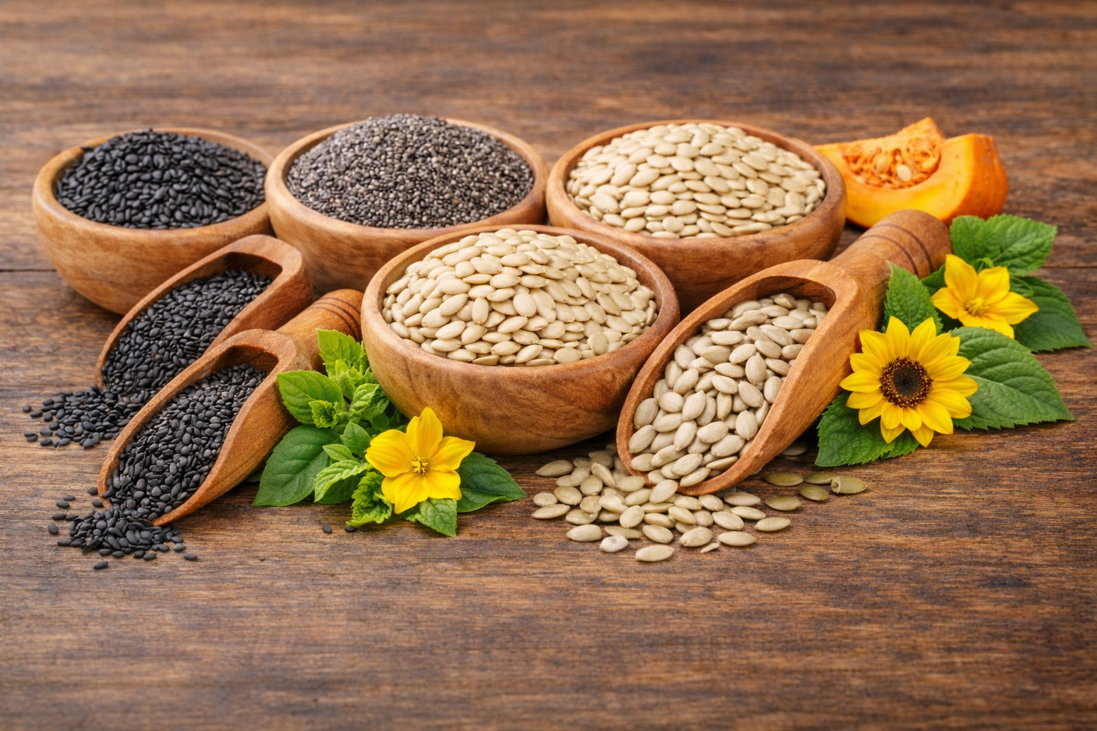A collection of various edible seeds in small bowls.