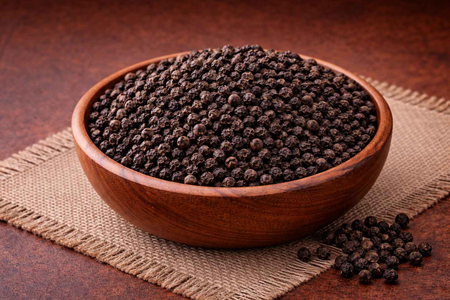 Whole black peppercorns on a wooden spoon.