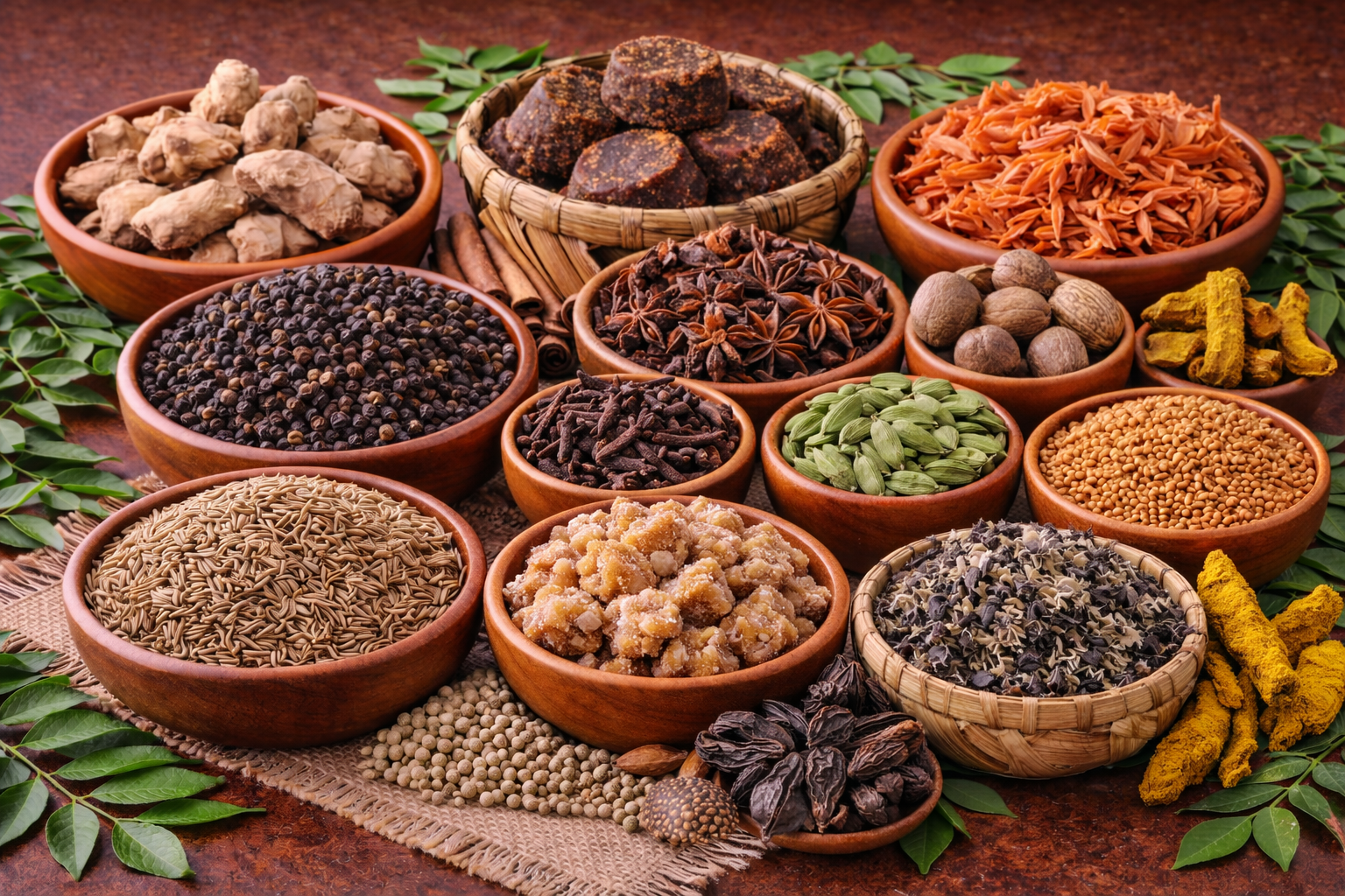 A vibrant array of various spices on a dark background.